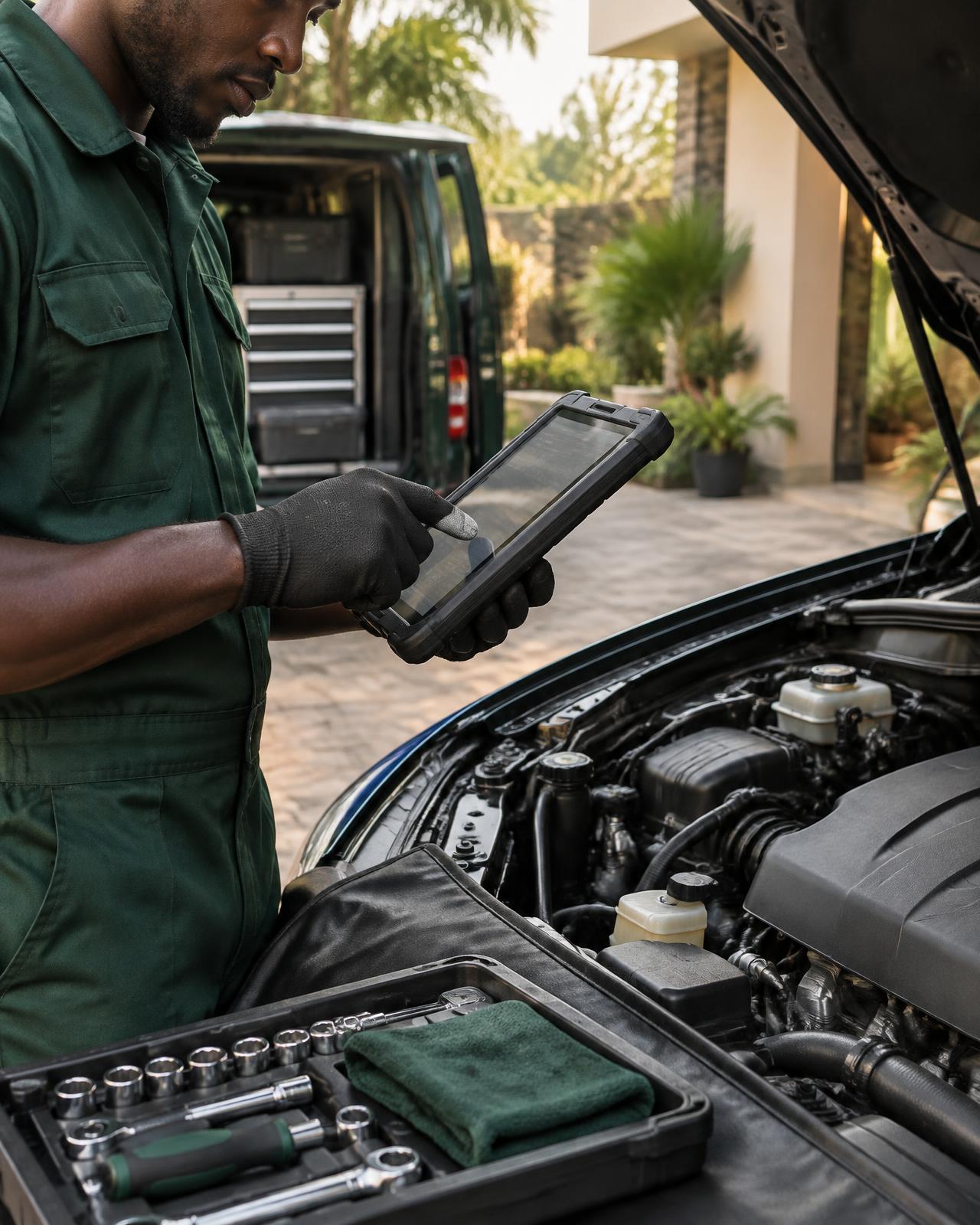 MobiFix technician carrying out a vehicle diagnostic beside an open engine bay