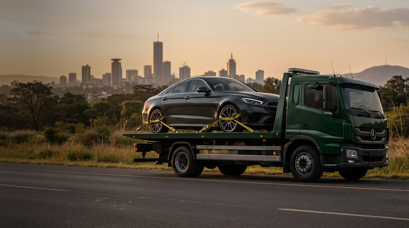 Charcoal sedan secured on a roadside recovery truck