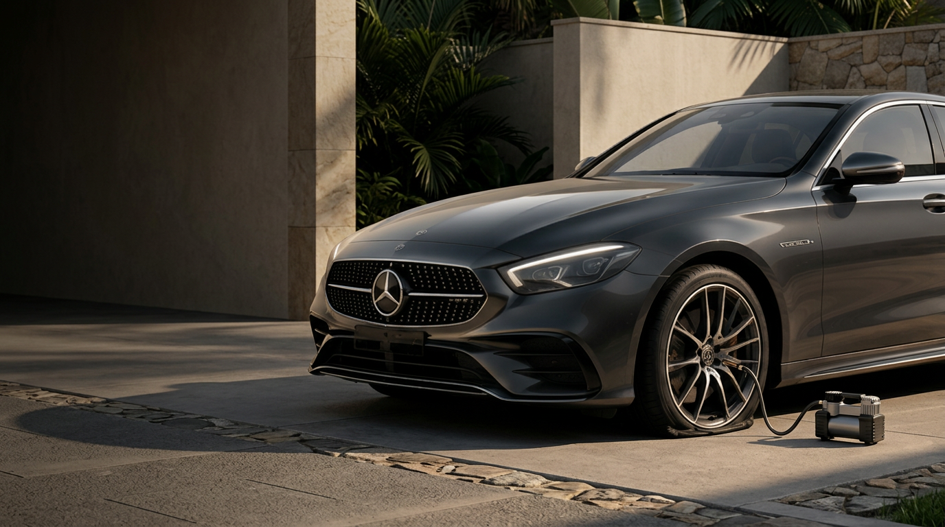 Charcoal sedan with a visibly flat front tyre and an inflator attached